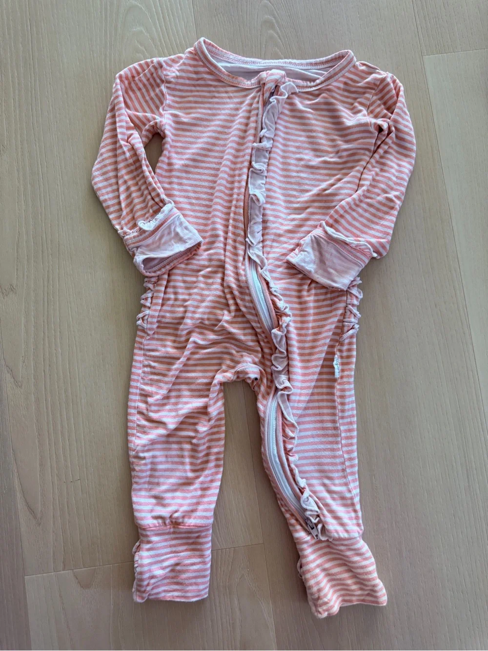 Gigi & Max Pink Stripe Ruffle Baby One-Piece Bamboo Pajamas